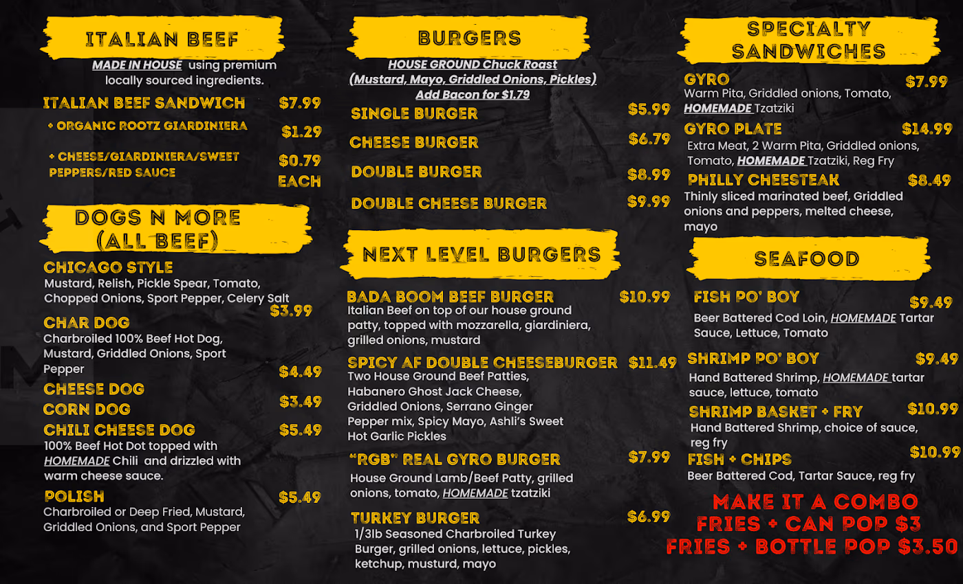BADA BOOM BEEF, BURGERS, DOGS, & CHICKEN