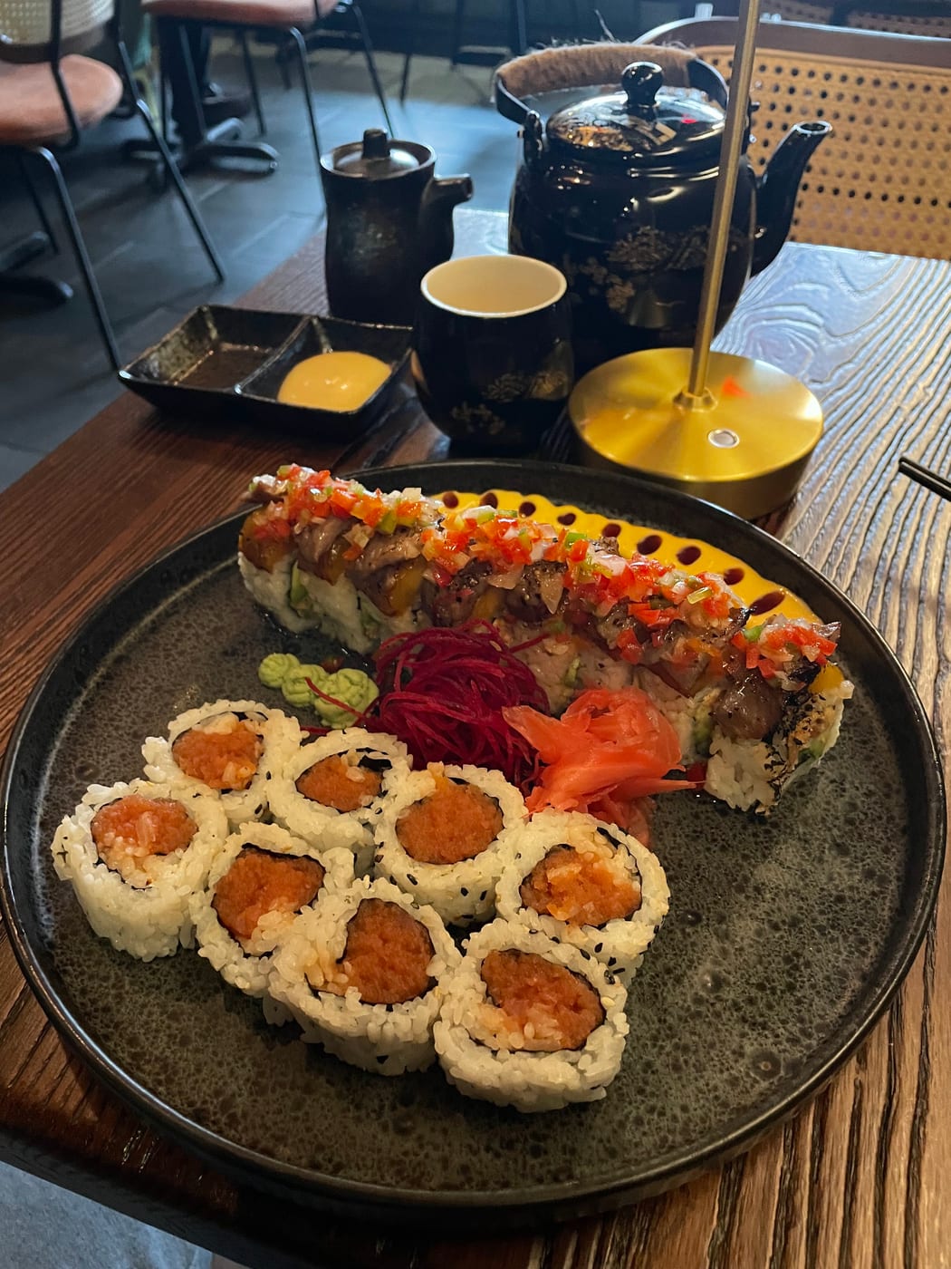 Sushi maki rolls and tea service